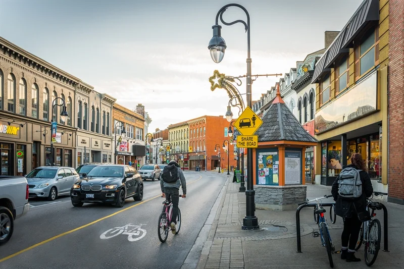 A view of downtown St. Catharines with a mix of modern and historical buildings.