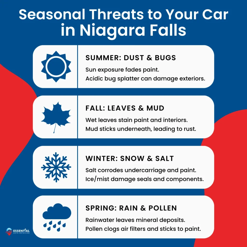 Seasonal threats to cars in Niagara Falls include sun, salt, rain, and mud.