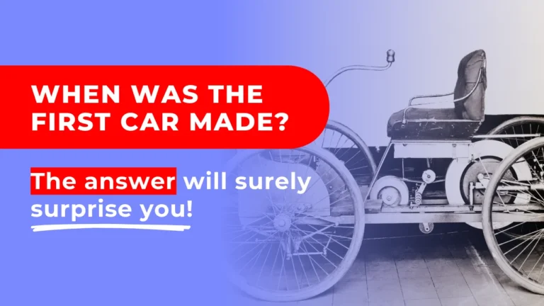 Text 'When the first car was made?' with a vintage automobile displayed.