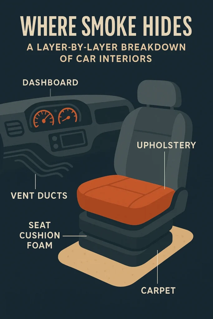 An illustrated car seat cross-section showing common zones for smoke odour removal including upholstery, carpet, and vent ducts.