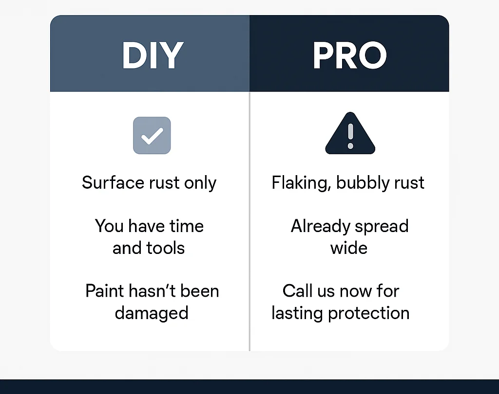 Side-by-side infographic showing when to choose DIY rust treatment vs. professional detailing for rust repair and protection.