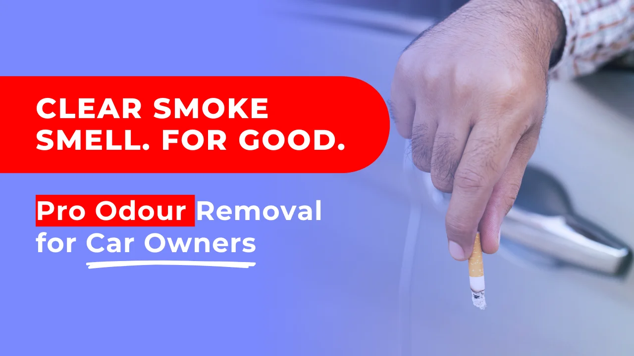 A person holding a cigarette near a car door, reinforcing how to get smoke smell out of a car with mobile detailing solutions.