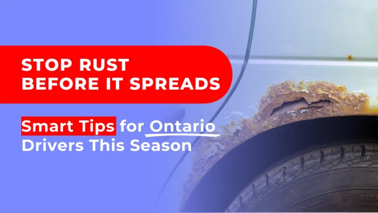 A rusted car wheel arch with headline text promoting expert advice on how to stop rust on a car for Ontario drivers.