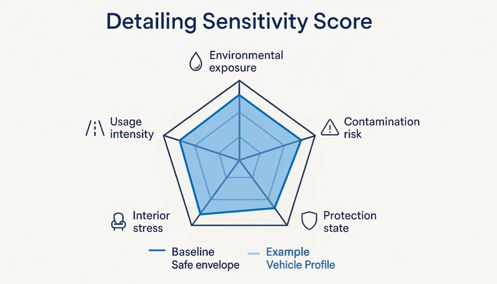 Infographic radar chart visualizing factors like usage, protection, and environment that determine how often should you detail your car.