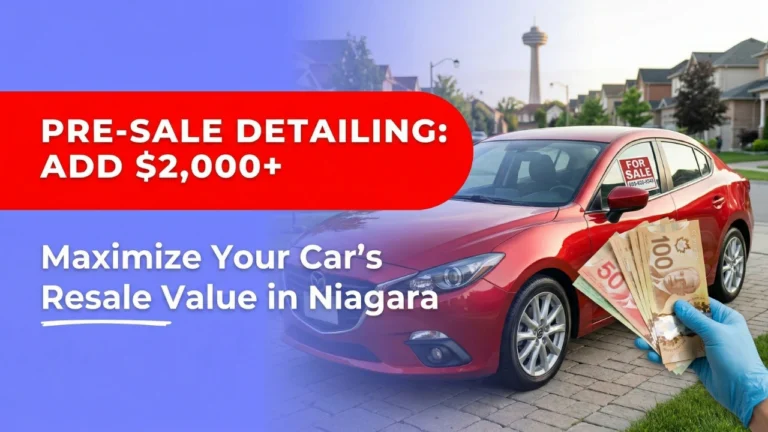 A clean red sedan with a "For Sale" sign in the window, representing a $2,000 plus increase in resale value after a professional pre-sale detail in Niagara.