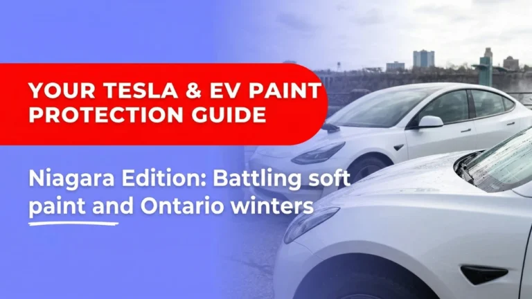 Professional ceramic coating application on a white Tesla Model 3 in Niagara Falls, Ontario, to protect soft paint from winter road salt.