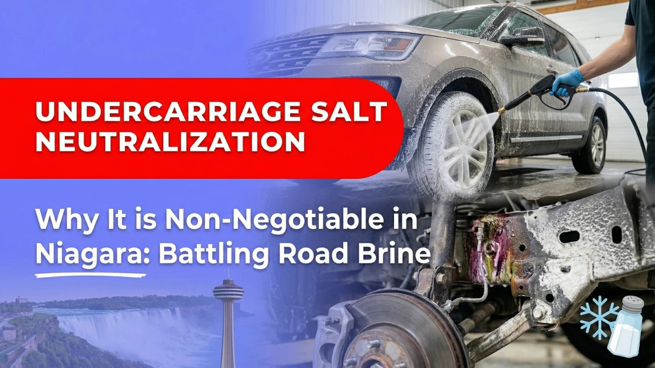 Mobile detailing technician using high-pressure salt neutralization on a vehicle's undercarriage to prevent rust and corrosion from Ontario road brine.