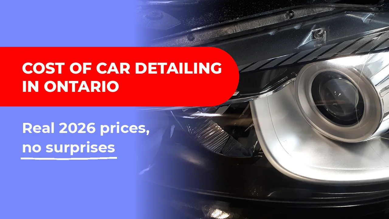 Cost of car detailing in Ontario title graphic with a freshly detailed headlight